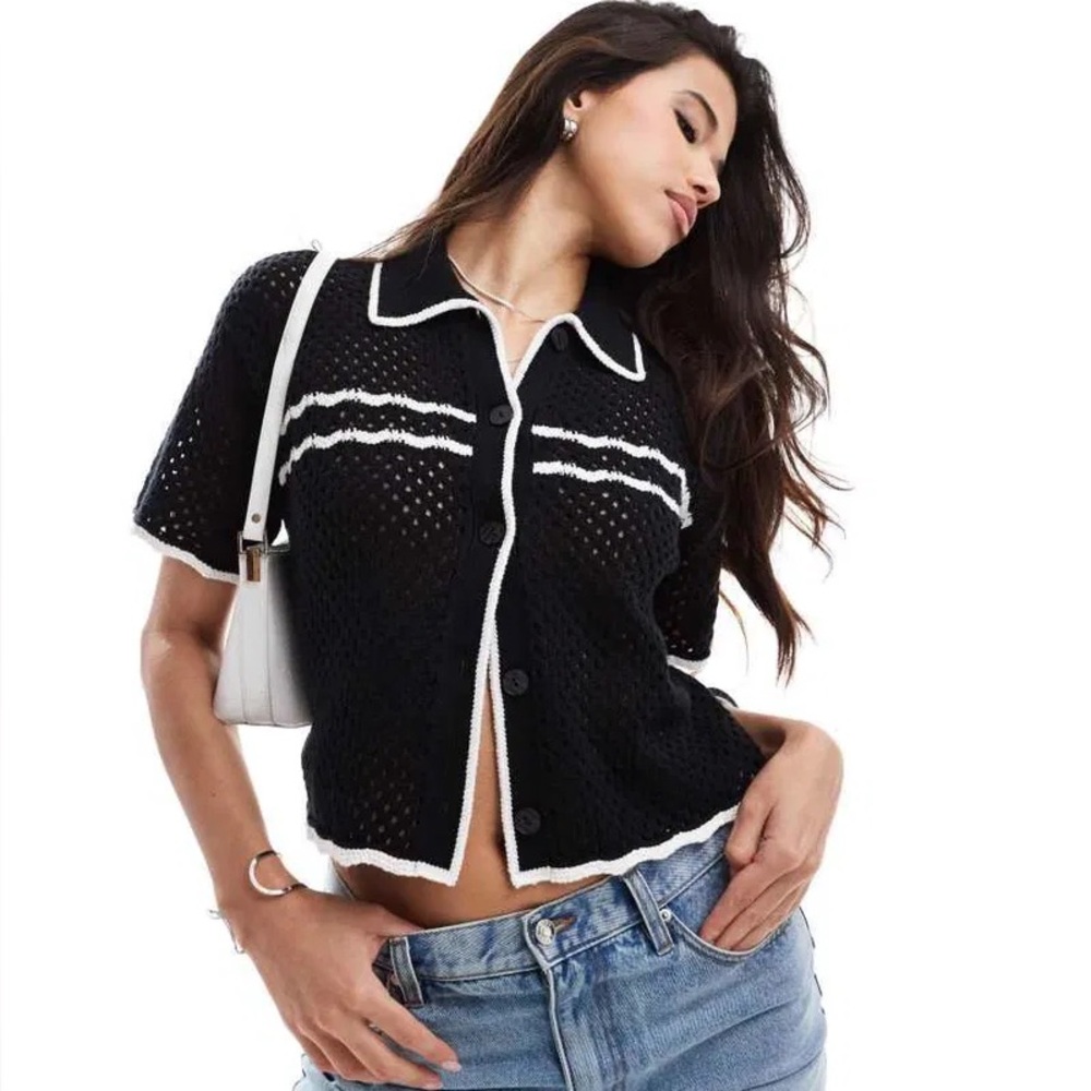 Abercrombie & Fitch Black Crochet Polo Top